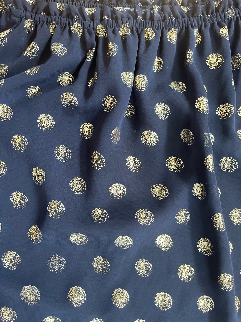 Joseph Ribkoff Navy and Gold Polka Dot Off-Shoulder Pillow Sleeve Ruffle Blouse - Picture 6 of 12